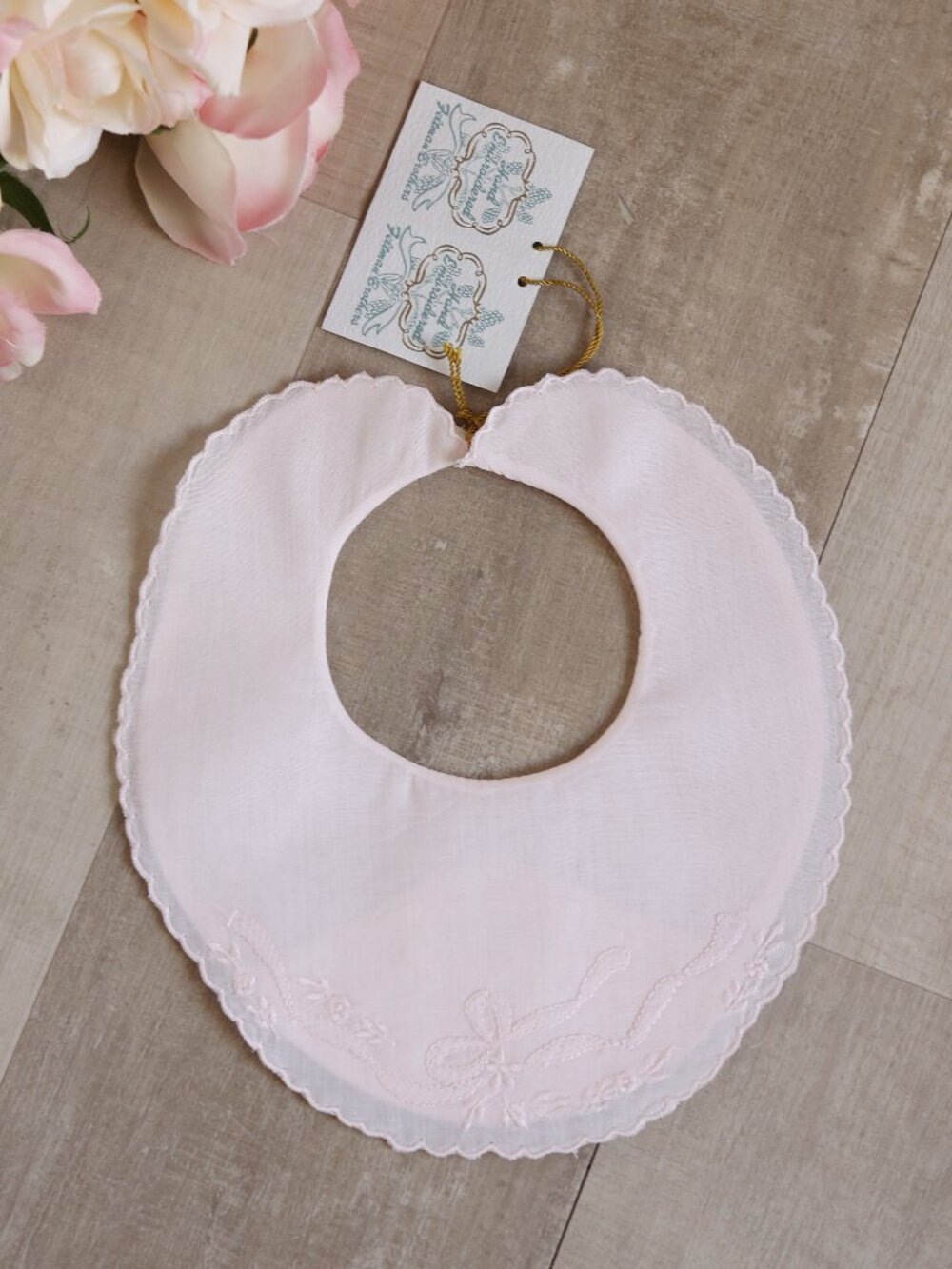 Feltman Brothers Scalloped Pink Floral Shadow Embroidered Bow Bib NWT RARE FIND